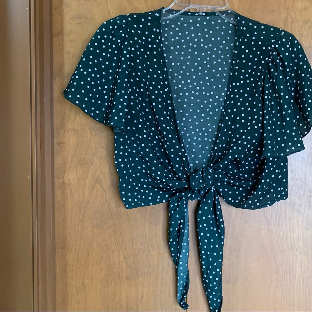 Tie-front Blouse, dark green w/ white polka dots, flutter sleeves, cotton/poly
